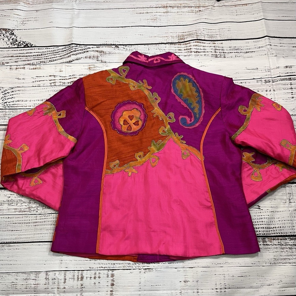 Vtg Sandy Starkman Women's M Boho Pink Neon Bright Silk Blend Embroidered Jacket - Picture 9 of 10
